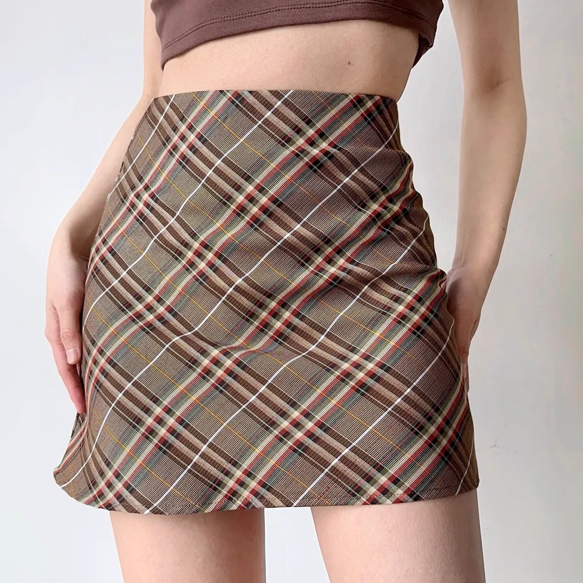 Sexy Maillard High Waist Slim Plaid A-Line Skirt American Retro Hip Cover Skirt for Women P348