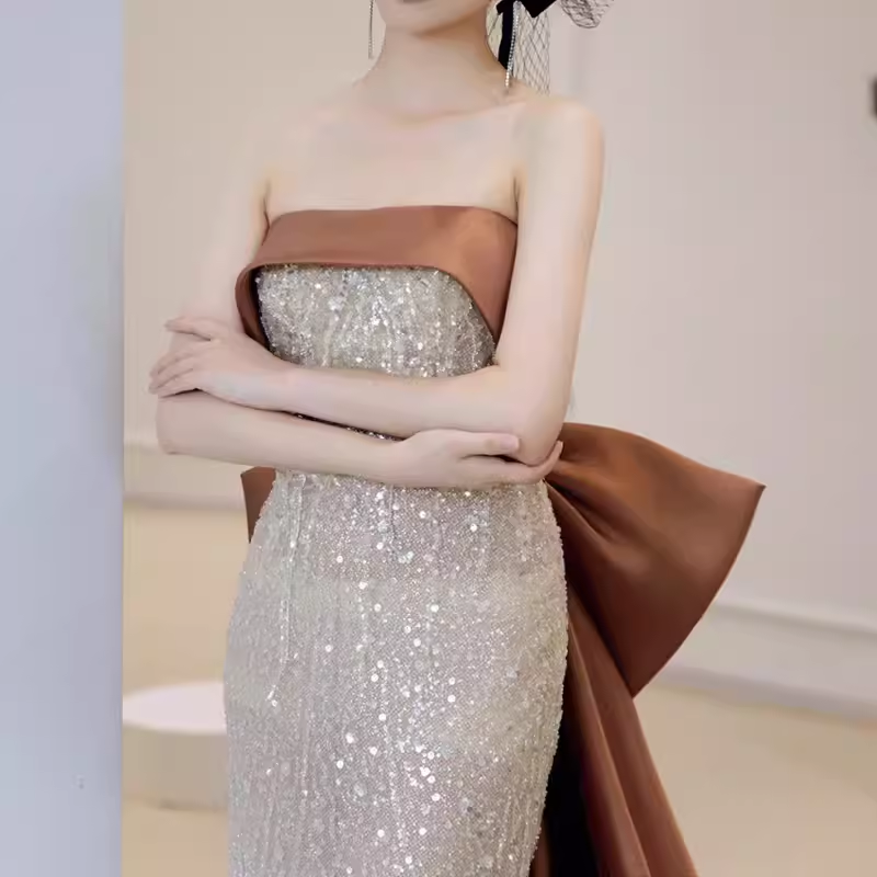 Classic Mermaid Strapless Sequin Prom Dresses Long Prom Dress P479