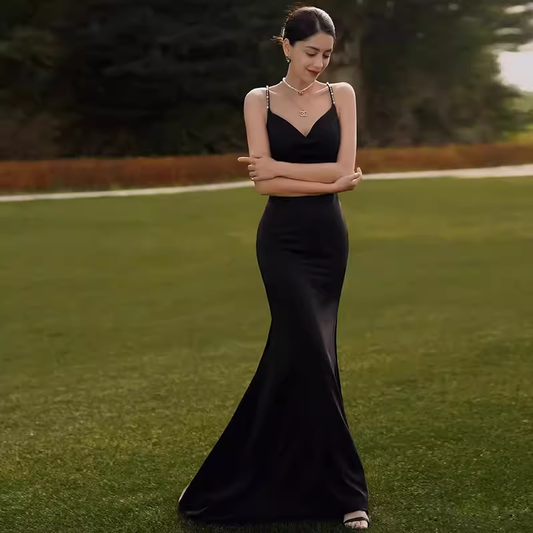 Classic Mermaid Spaghetti Straps Black Satin Prom Dresses Long Prom Dress P478