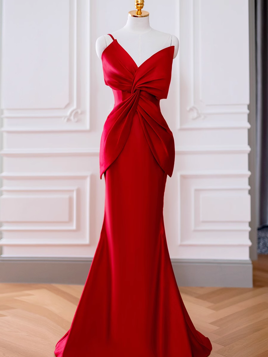 Simple One Shoulder Ruffles Red Satin Long Prom Dresses P510