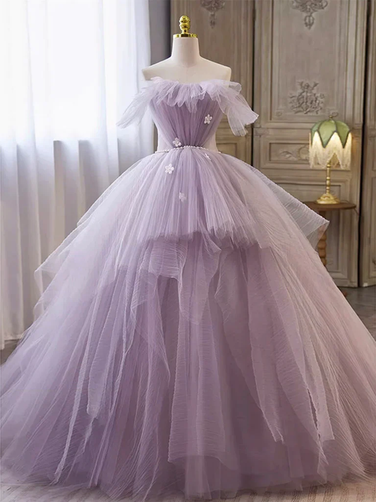 Ball Gown Strapless Lilac Tulle Long Prom Dresses with Pearls Belt P519