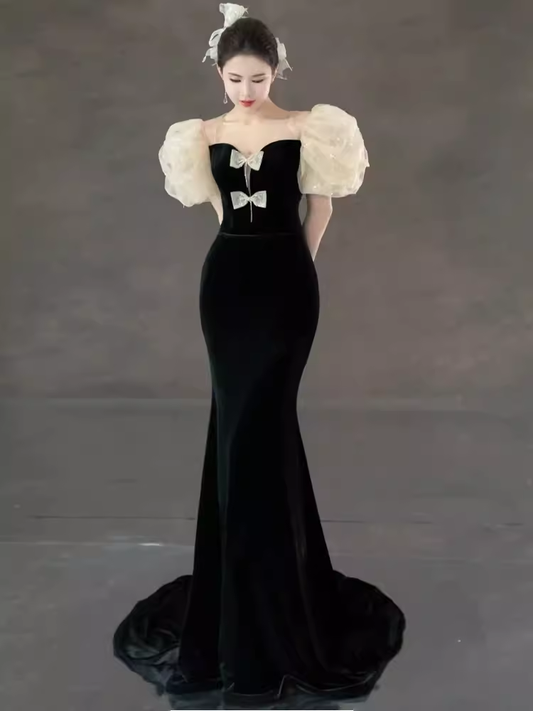 Sexy Mermaid Black Velvet Long Prom Dresses P521