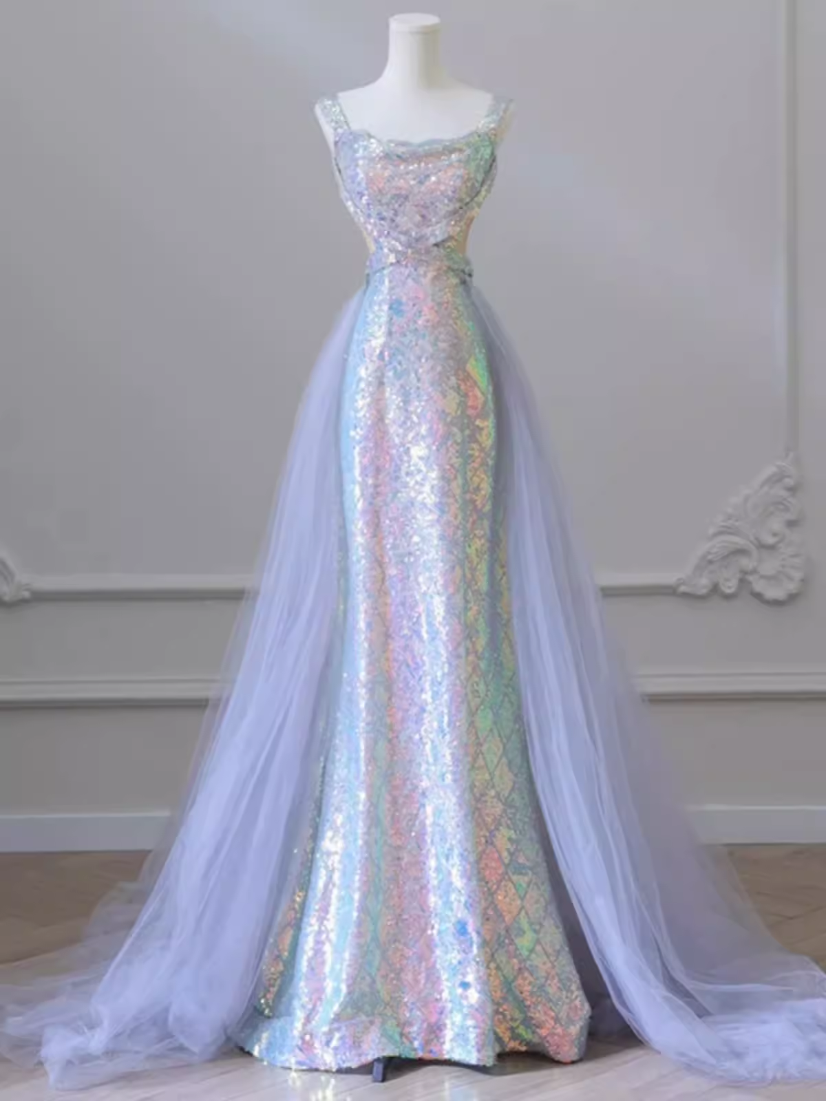 Sparkly Mermaid Sleeveless Sequin Light Sky Blue Long Prom Dress P524