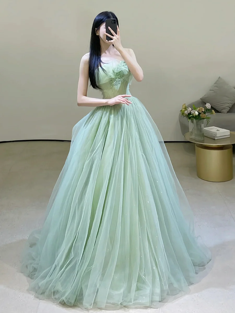 Sexy Green Strapless Tulle Floor Length Prom Dress P569