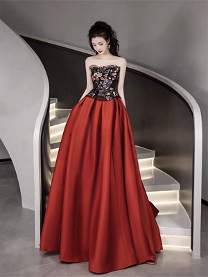 Simple Strapless Satin Red Long Prom Dress P555