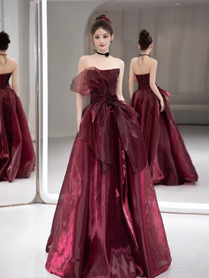 Simple Ball Gown Strapless Organza Burgundy Long Prom Dress P565