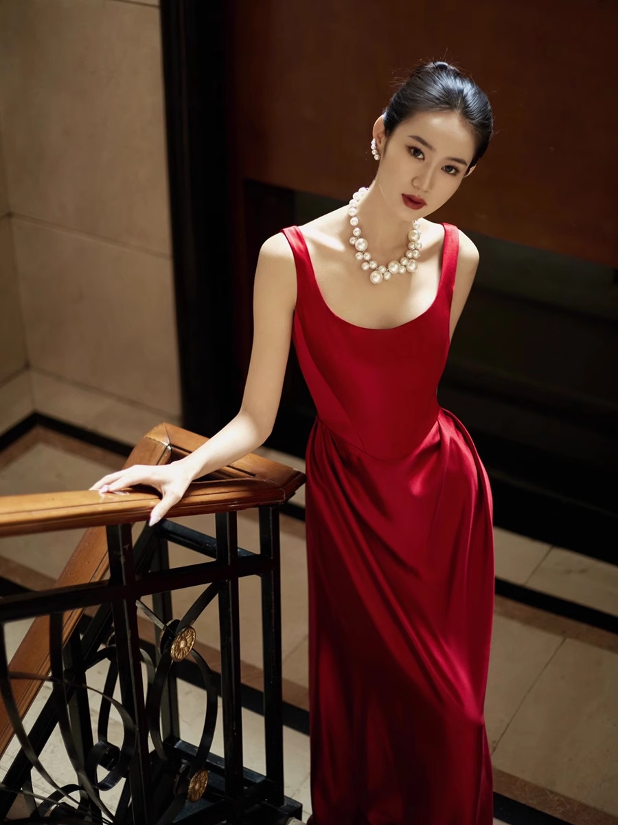 Simple A line Straps Red Satin Long Prom Dresses P513