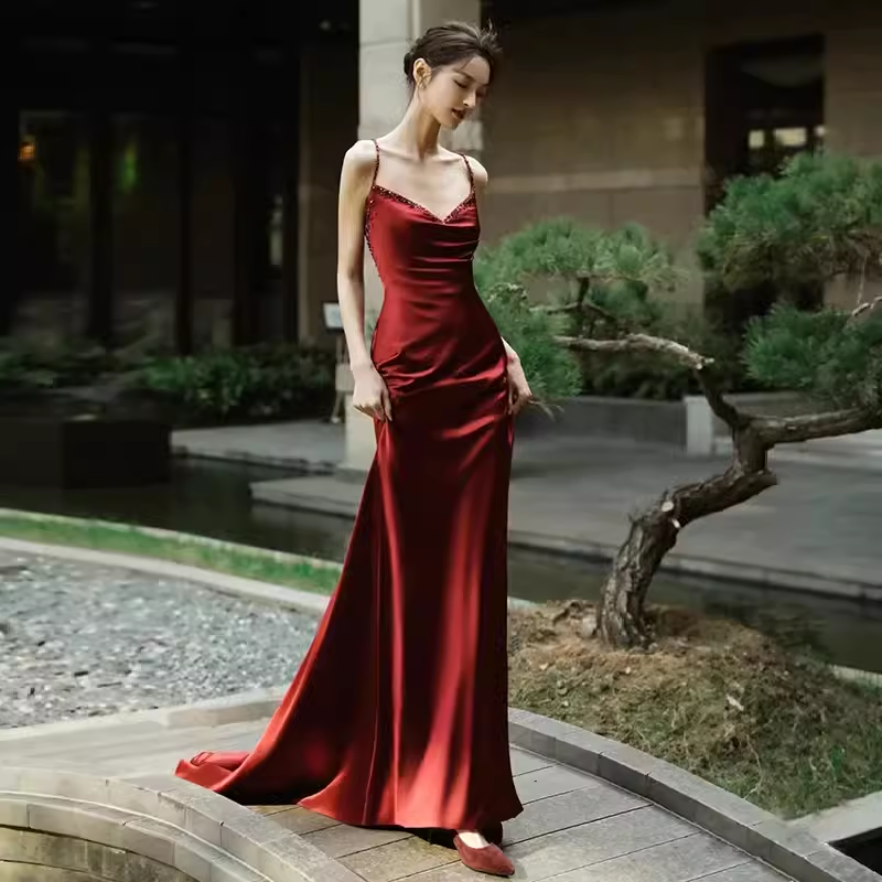 Sexy Mermaid Silk Satin Burgundy Prom Dress Long Prom Dresses P552