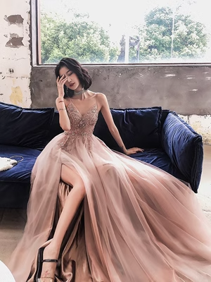 Simple A line Spaghetti Straps Tulle Long Slit Prom Dress P560