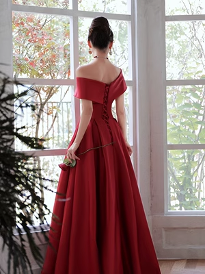 Simple A line Strapless Satin Red Long Prom Dress P561