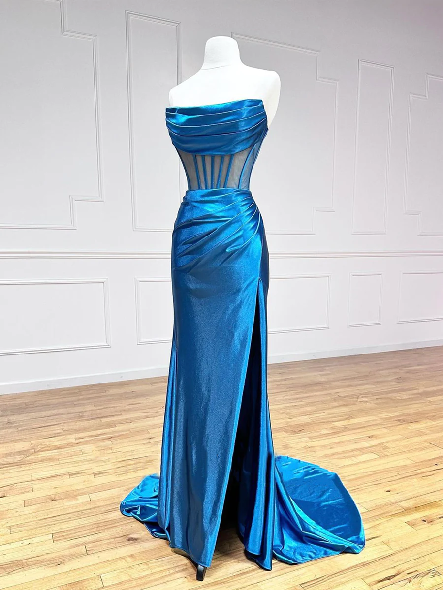 Gorgeous Blue Strapless Pleated Long Slit Prom Dress P573