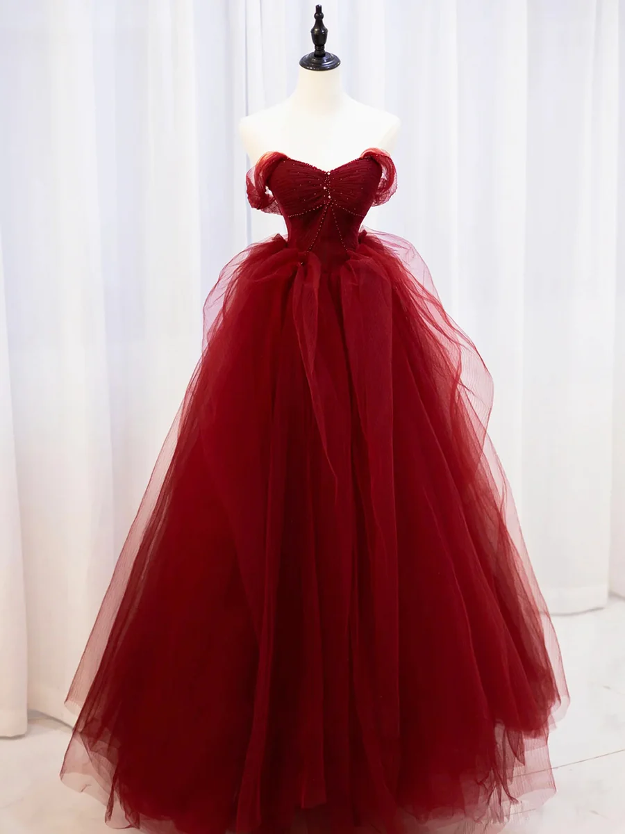 Gorgeous Burgundy Sweetheart Tulle Long Prom Dress with Beaded P571