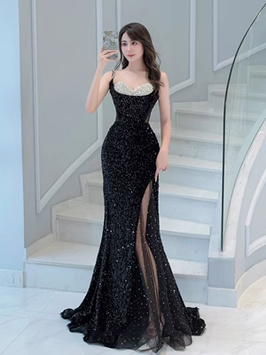 Luxury Mermaid Sequin Evening Dress Black Long Prom Dress P557