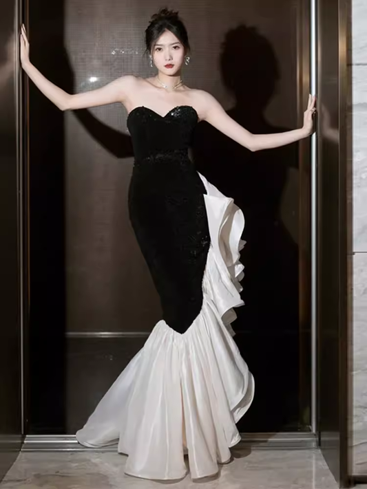 Mermaid Sweetheart Black Satin Prom Dress Long Prom Dresses P542