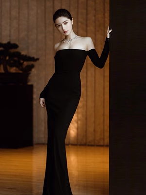 Sexy Mermaid Off The Shoulder Black Long Sleeves Prom Dress P554