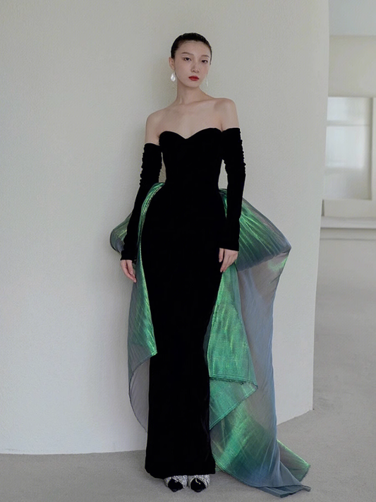 Sexy Mermaid Long Black Velvet Prom Dresses With Sleeves Long Prom Gown P515