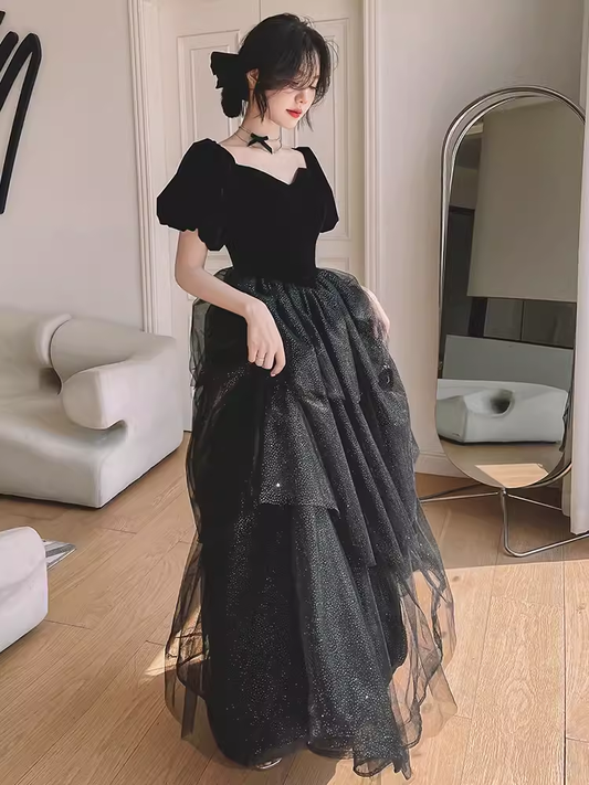 Ball Gown Black Prom Dress With Puffy Sleeves Long Prom Dresses P529