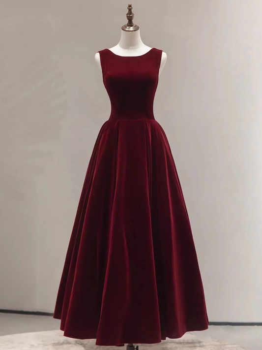 Simple A line Scoop Velvet Burgundy Velvet Long Prom Dresses P509