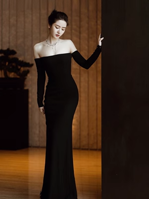 Sexy Mermaid Off The Shoulder Black Long Sleeves Prom Dress P554