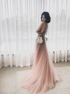 Simple A line Spaghetti Straps Tulle Long Slit Prom Dress P560