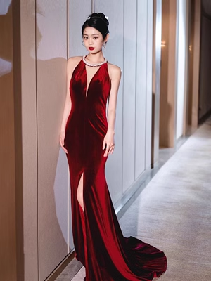 Luxury Mermaid Velvet Evening Dress Red Long Prom Dress P556