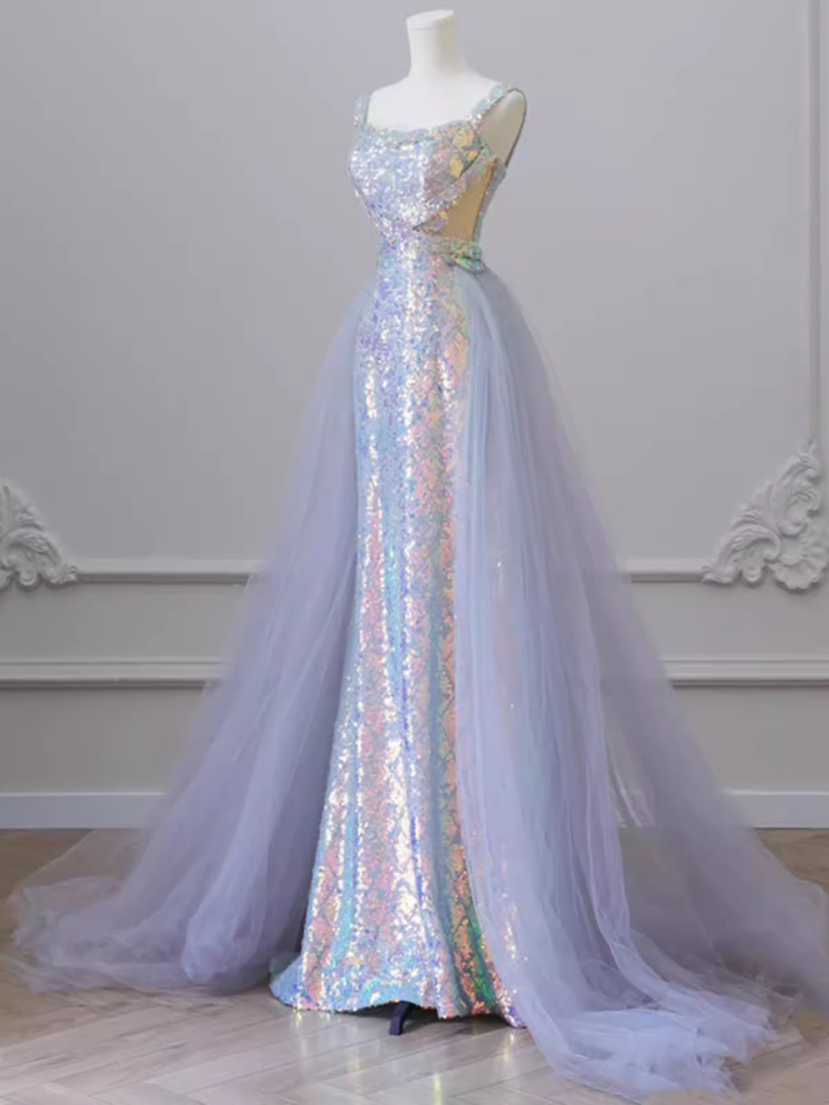 Sparkly Mermaid Sleeveless Sequin Light Sky Blue Long Prom Dress P524