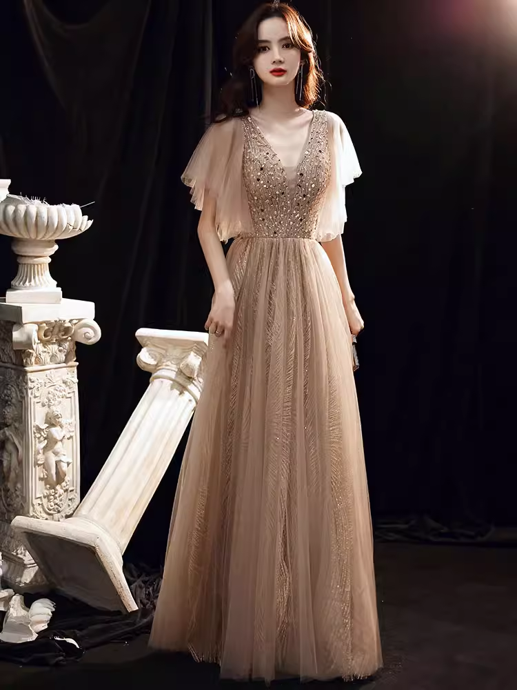 Charming A line Champagne Prom Dress With Puffy Sleeves Long Prom Dresses P530