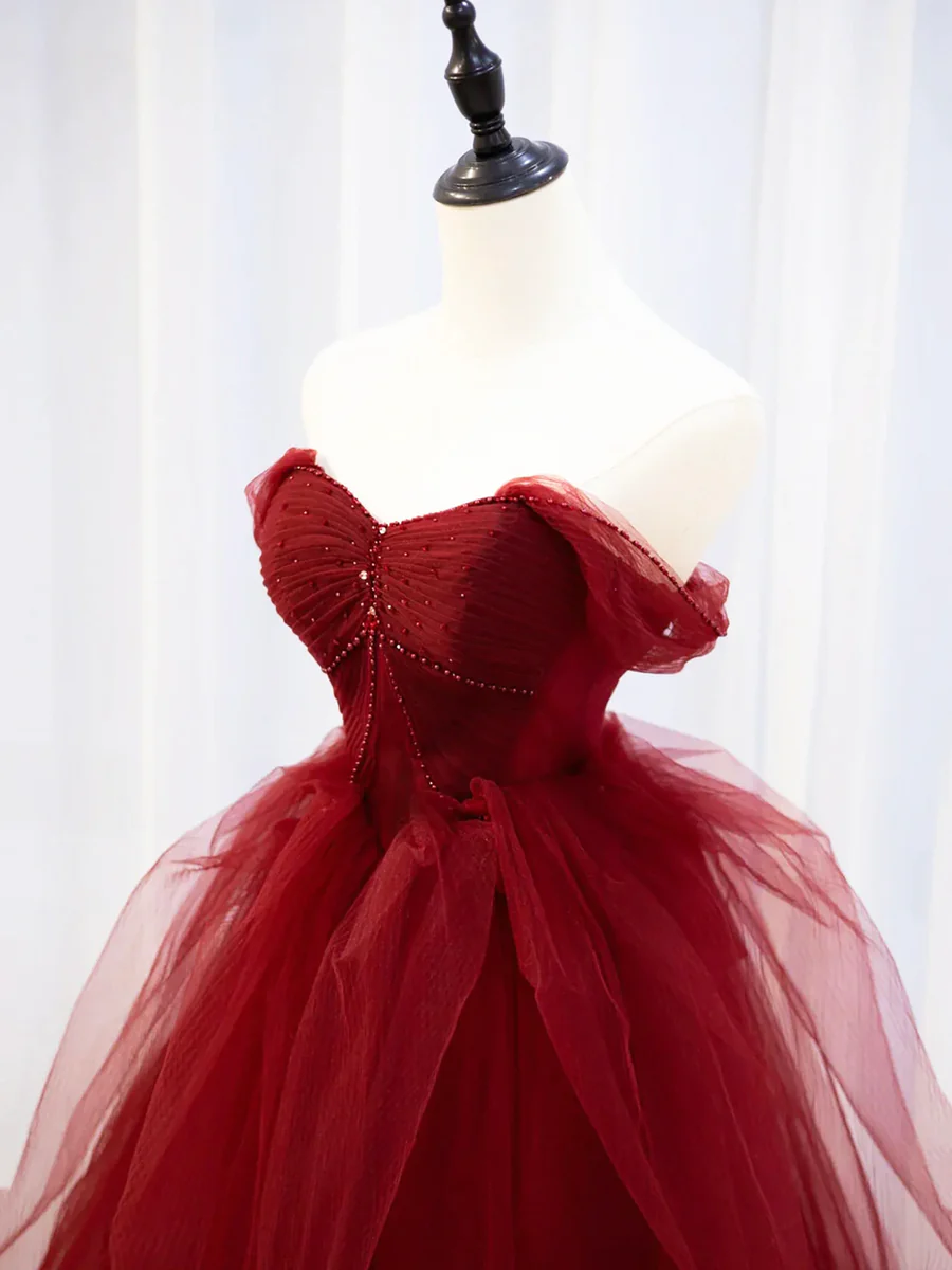 Gorgeous Burgundy Sweetheart Tulle Long Prom Dress with Beaded P571