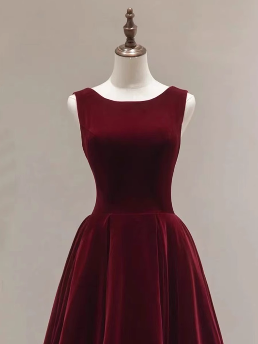 Simple A line Scoop Velvet Burgundy Velvet Long Prom Dresses P509