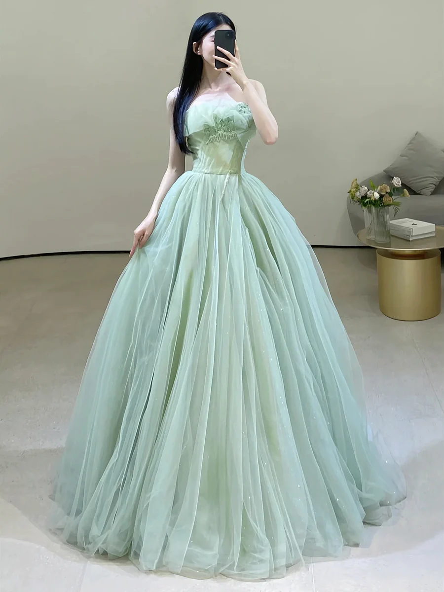 Sexy Green Strapless Tulle Floor Length Prom Dress P569