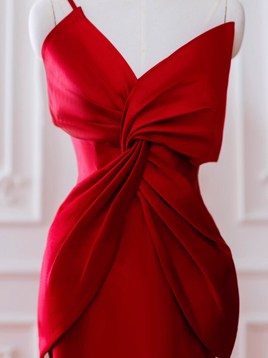 Simple One Shoulder Ruffles Red Satin Long Prom Dresses P510