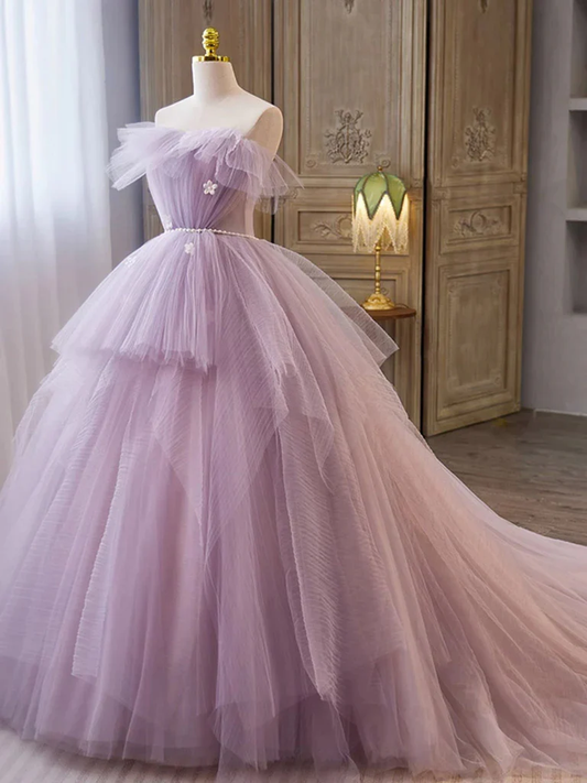 Ball Gown Strapless Lilac Tulle Long Prom Dresses with Pearls Belt P519