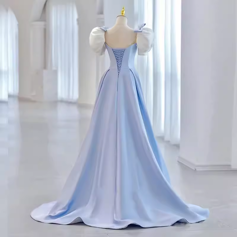 Princess A line Light Blue Satin Prom Dress Long Prom Dresses P548