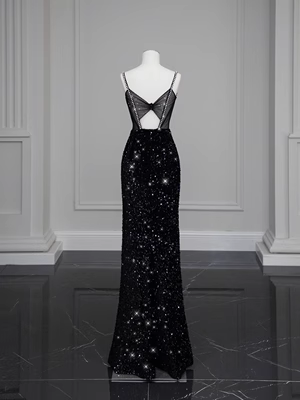 Luxury Mermaid Sequin Evening Dress Black Long Prom Dress P557