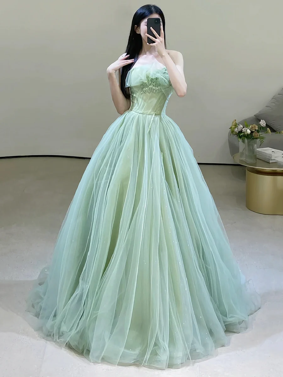 Sexy Green Strapless Tulle Floor Length Prom Dress P569