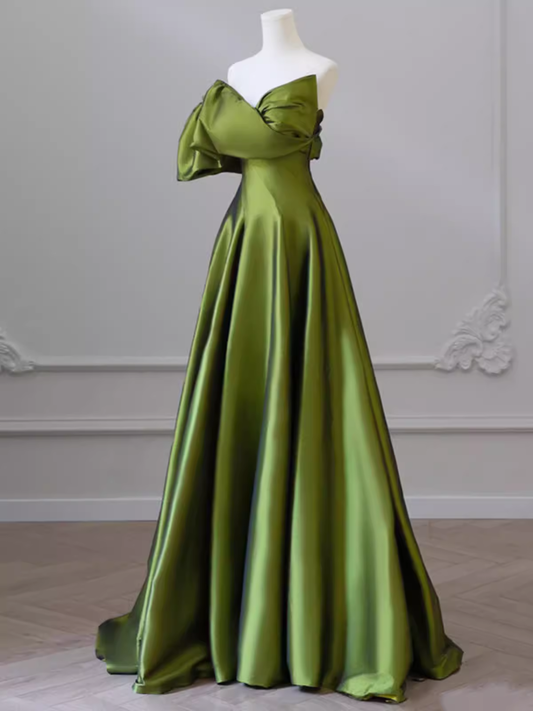 Simple A line Sleeveless Satin Green Long Prom Dress P523