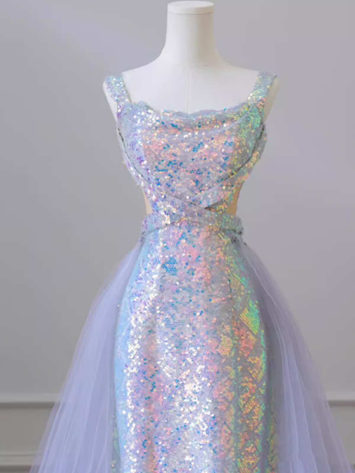 Sparkly Mermaid Sleeveless Sequin Light Sky Blue Long Prom Dress P524