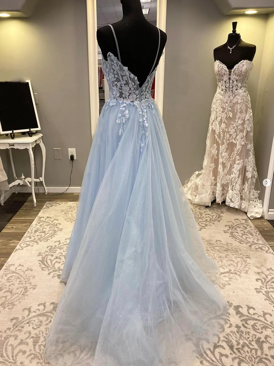 A line Blue Spaghetti Strap Tulle Long Prom Dress with Lace 576