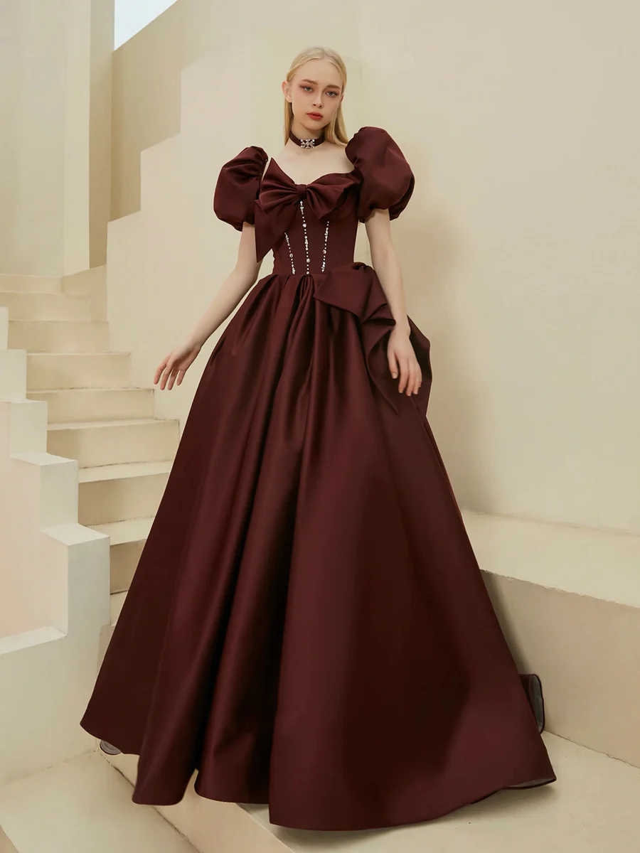 Gorgeous Satin Puff Sleeve Long Prom Dress P570