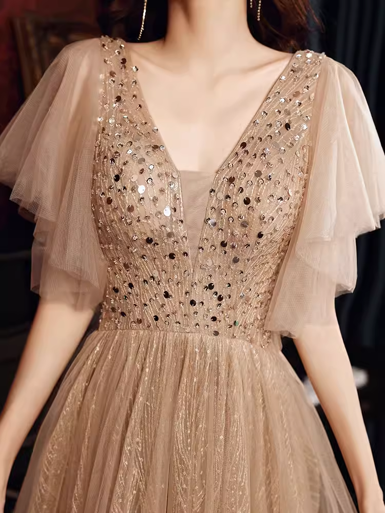 Charming A line Champagne Prom Dress With Puffy Sleeves Long Prom Dresses P530