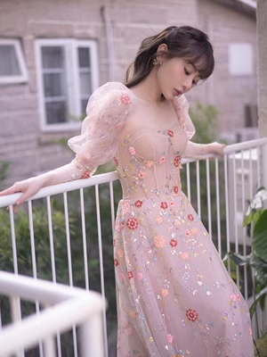 Fairy A line Square Long Sleeves Tulle Flowers Long Prom Dress P563