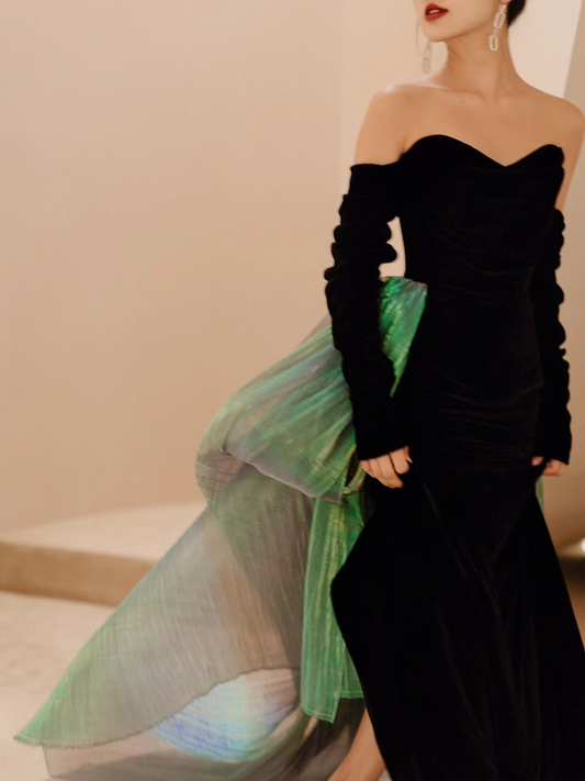 Sexy Mermaid Long Black Velvet Prom Dresses With Sleeves Long Prom Gown P515