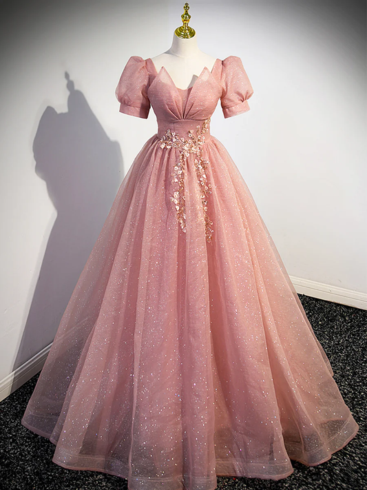 Beautiful Pink Tulle Floor Length Prom Dress with Short Sleeve P619