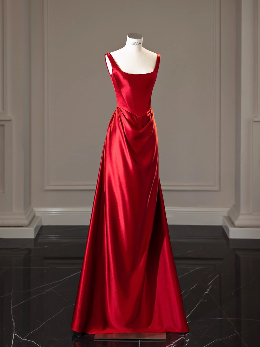 Simple A line Straps Red Satin Long Prom Dresses P513