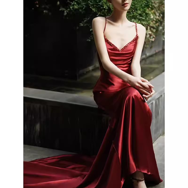 Sexy Mermaid Silk Satin Burgundy Prom Dress Long Prom Dresses P552