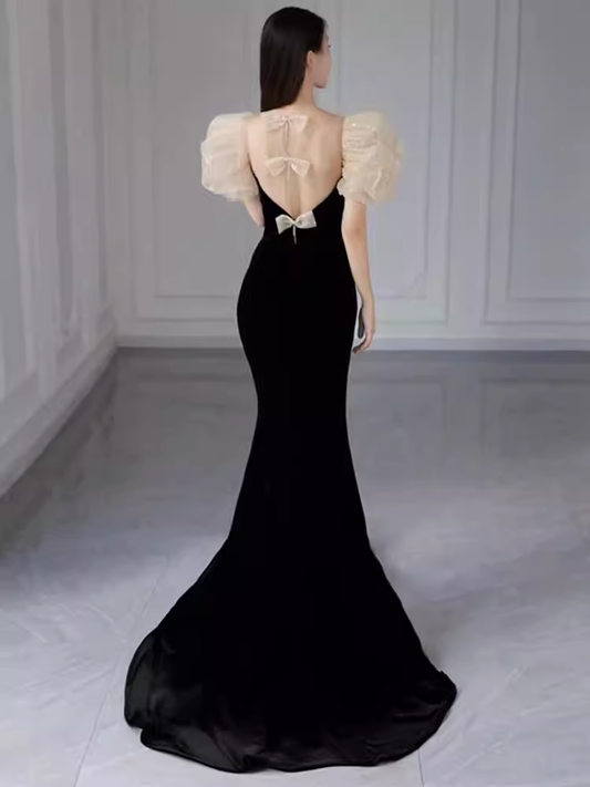 Sexy Mermaid Black Velvet Long Prom Dresses P521