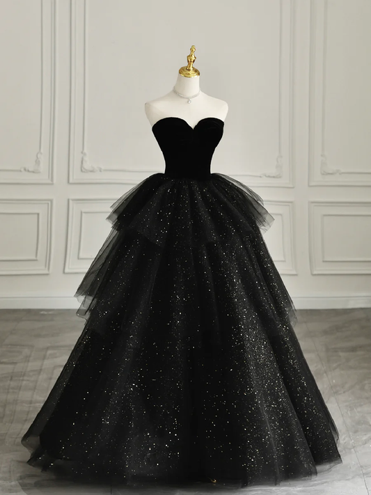 Black Strapless Tulle Formal Dress with Velvet Long Prom Dress P624