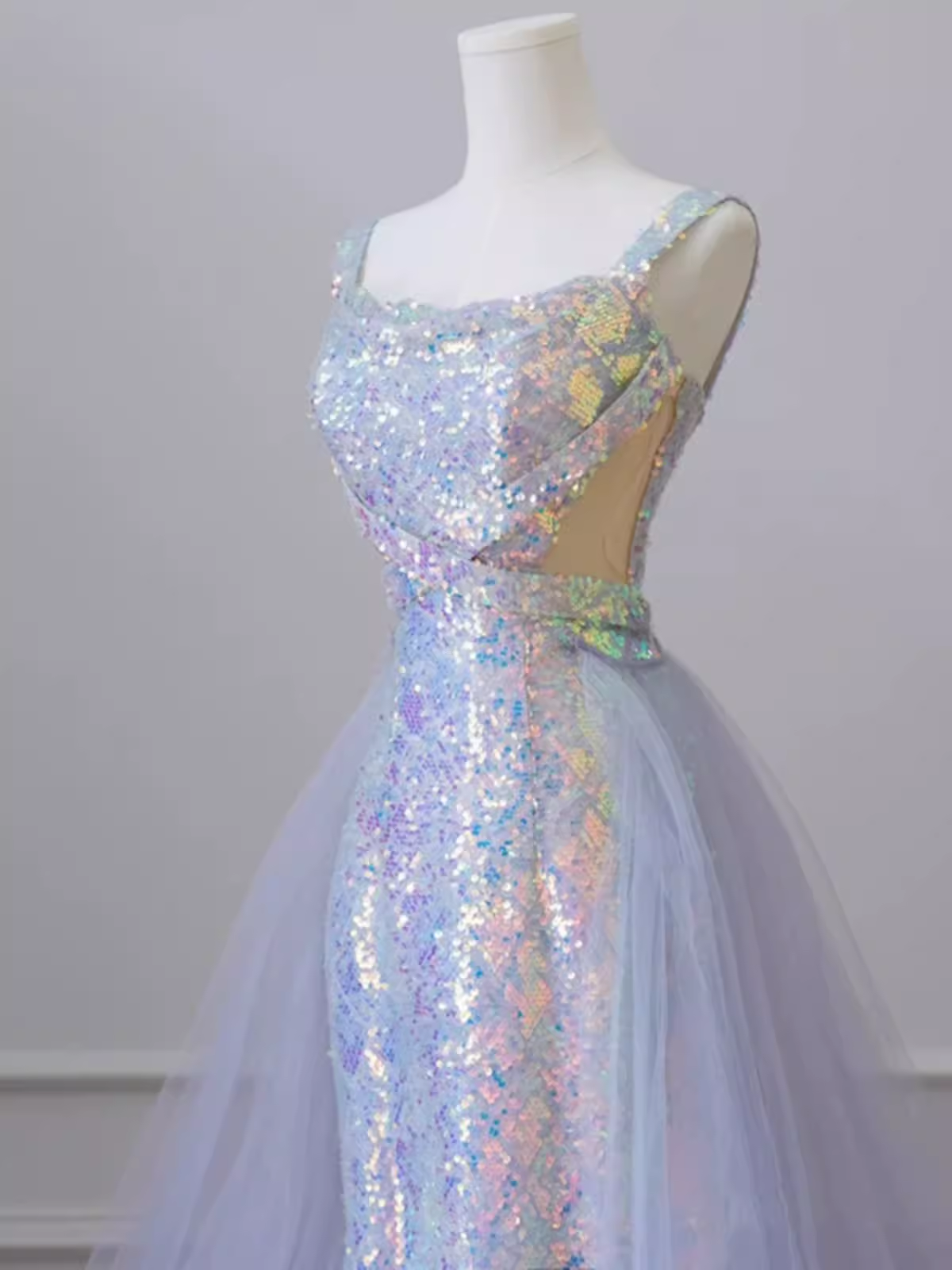 Sparkly Mermaid Sleeveless Sequin Light Sky Blue Long Prom Dress P524