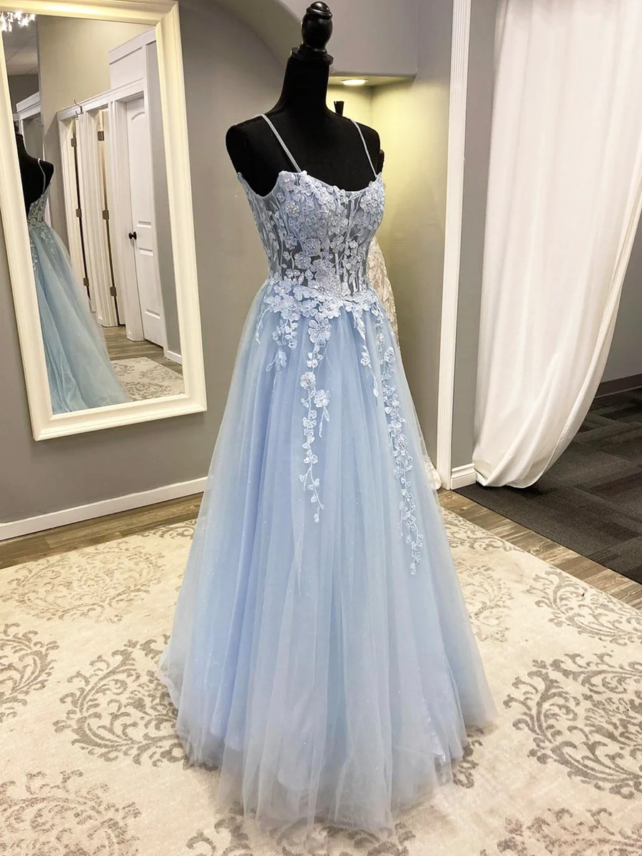 A line Blue Spaghetti Strap Tulle Long Prom Dress with Lace 576