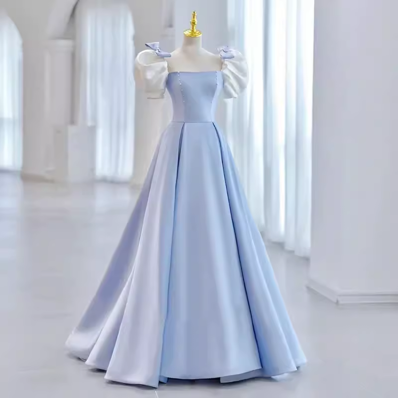 Princess A line Light Blue Satin Prom Dress Long Prom Dresses P548